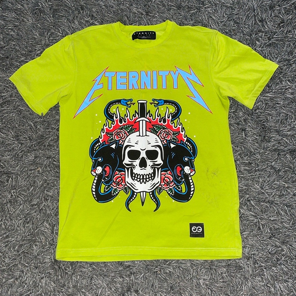 Eternity BC/AD neon green skull skeleton snake sword short sleeves tshirt sz S